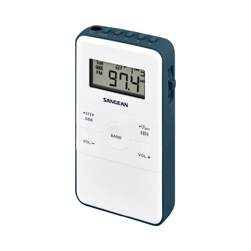 Sangean Dt-140 Am/Fm Pocket Receiver Sangean portable digital radio with lcd display, white front panel, blue sides, and band and volume controls.