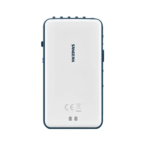 Sangean Dt-140 Am/Fm Pocket Receiver Sangfen rugged portable device with white back panel, blue frame, bottom pogo-pin connectors, and ce/weee certification marks.