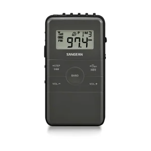 Sangean pocket digital radio with a large LCD display, FM band indicator, and central circular control pad.