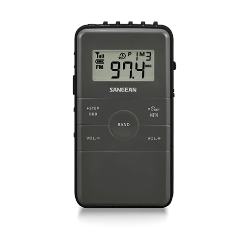Sangean Dt-140 Am/Fm Pocket Receiver Sangean pocket digital radio with a large lcd display, fm band indicator, and central circular control pad.