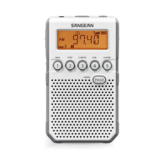 Sangean Dt-800 Am/Fm-Rds Hand-Held Receiver Sangean portable fm radio with orange lcd display, five preset buttons, and perforated speaker grille.