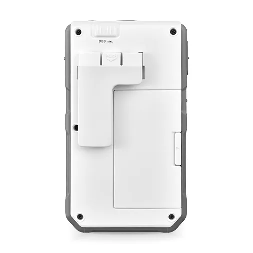 Sangean Dt-800 Am/Fm-Rds Hand-Held Receiver Rugged white handheld device back with removable battery door, integrated belt clip, and visible corner screws.