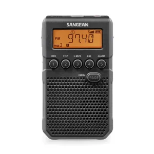 Sangean portable FM radio with orange backlit display, five preset buttons, and large speaker grille.