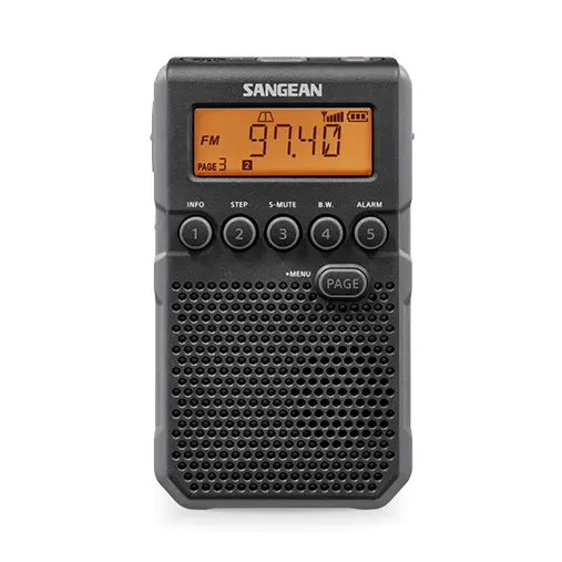 Sangean Dt-800 Am/Fm-Rds Hand-Held Receiver Sangean portable fm radio with orange backlit display, five preset buttons, and large speaker grille.