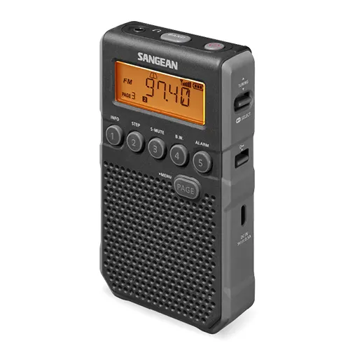 Sangean Dt-800 Am/Fm-Rds Hand-Held Receiver Sangean portable digital fm/am radio with orange lcd display and front speaker grille.