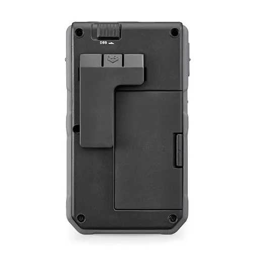 Sangean Dt-800 Am/Fm-Rds Hand-Held Receiver Rugged handheld device with detachable back battery pack and integrated clip, black protective frame.