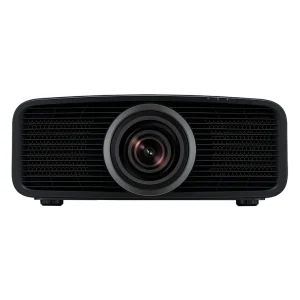 Black home theater projector with large central lens and vented sides.