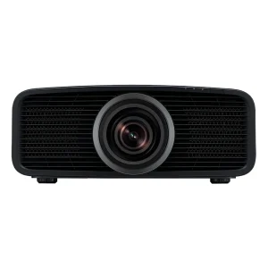 Black projector with a large central lens and front vented grille.
