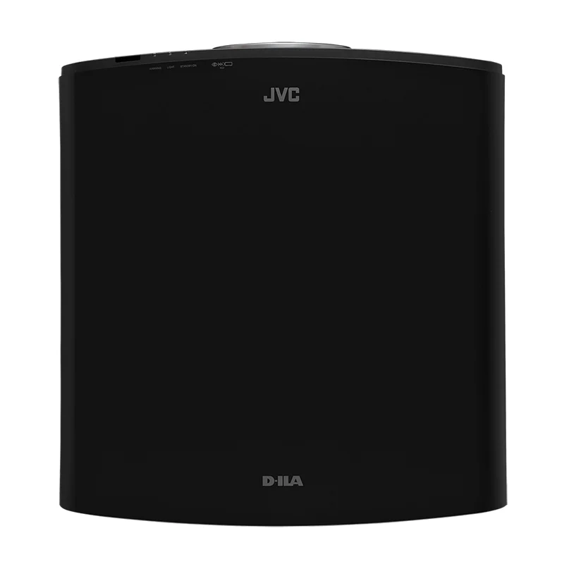 Jvc Dla-Nz700 Projector Jvc d-ila front projector in a black curved enclosure with the jvc logo top and d-ila branding bottom.