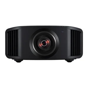 Black multimedia projector with a central lens and side cooling vents, compact home theater design.