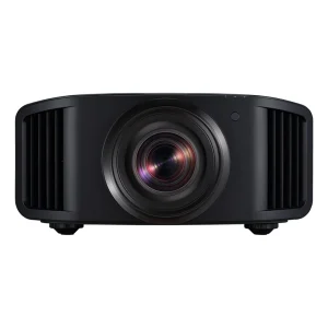 Black multimedia projector with large central lens, side air vents, and adjustable feet.
