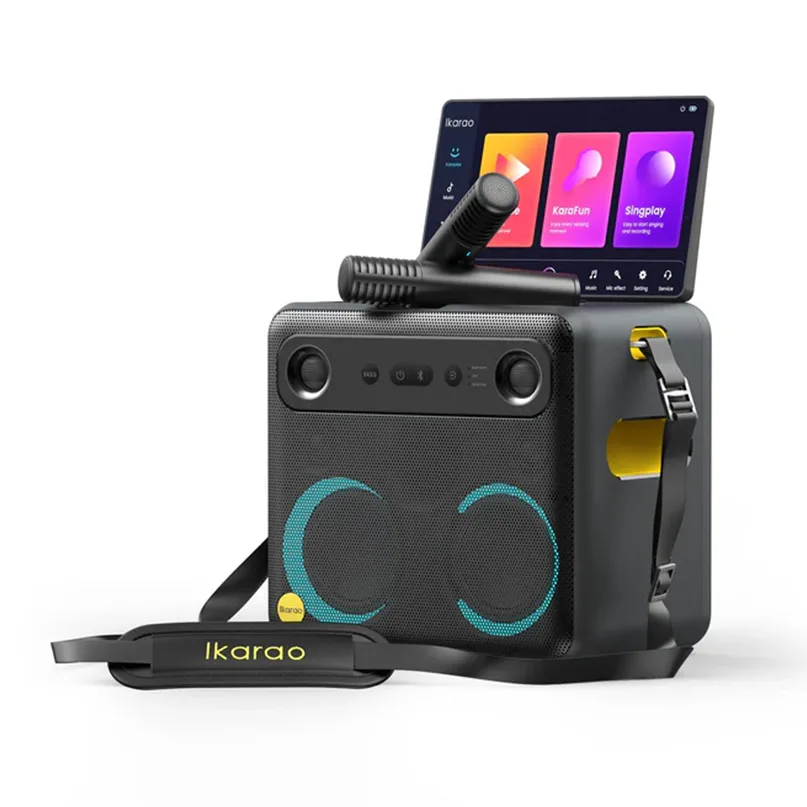 Ikarao Break X2 Portable 600W Karaoke Speakers Ikaroo karaoke speaker with tablet display, wireless microphone, dual blue ring speakers, carrying strap.