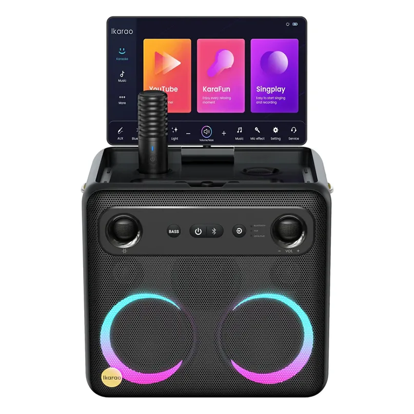 Ikarao Break X2 Portable 600W Karaoke Speakers Ikarao portable karaoke speaker with built-in touchscreen display, wireless mic, bluetooth, and dual rgb led ring speakers.