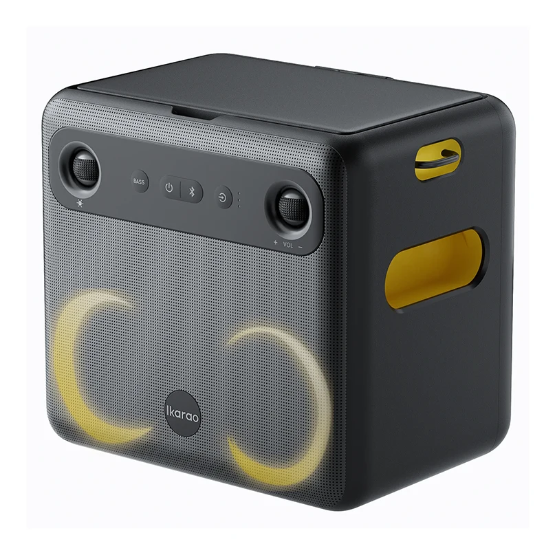 Ikarao Break X2 Portable 600W Karaoke Speakers Ikarao portable bluetooth speaker with two yellow led rings on the front grille.