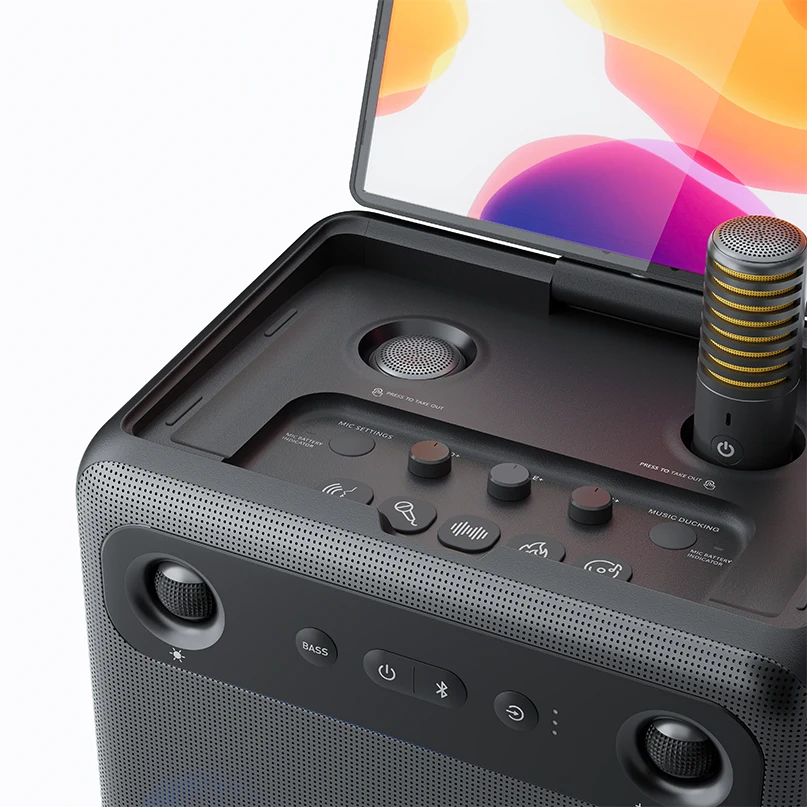 Ikarao Break X2 Portable 600W Karaoke Speakers Portable bluetooth speaker with front perforated grille, multifunctional control panel, and a tall gold-accent wireless microphone perched on top.