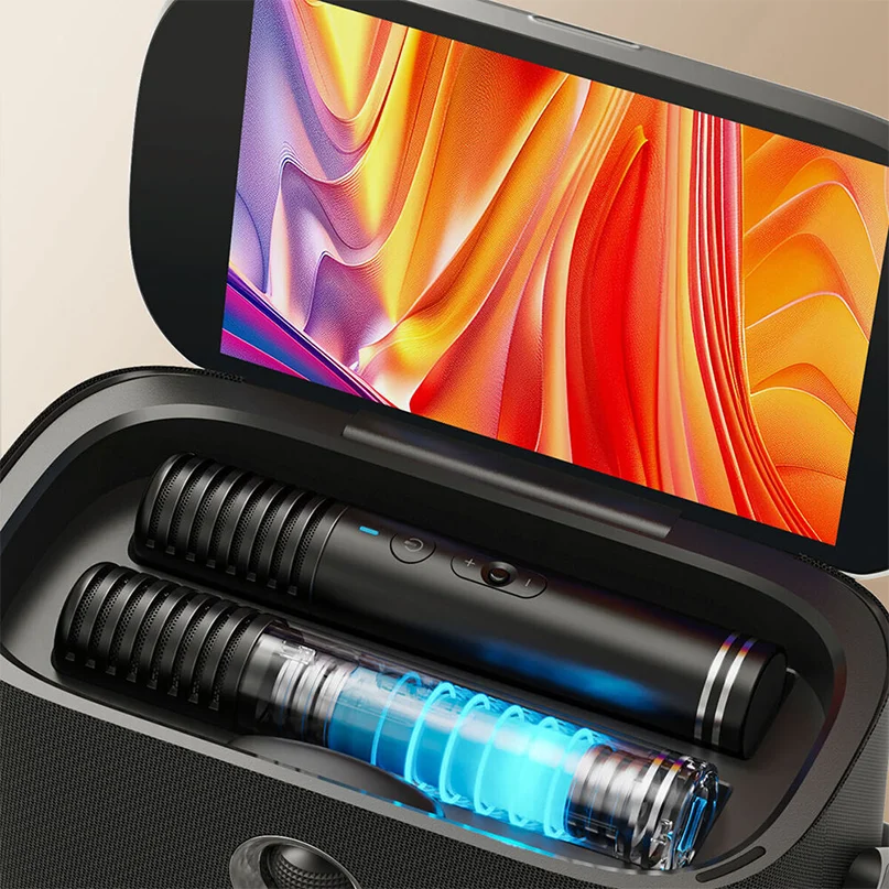 Ikarao Shell S2 Portable 140W Karaoke Speakers Hard-shell case containing a cordless handheld massager with blue led coil and built-in control buttons, plus a smartphone.