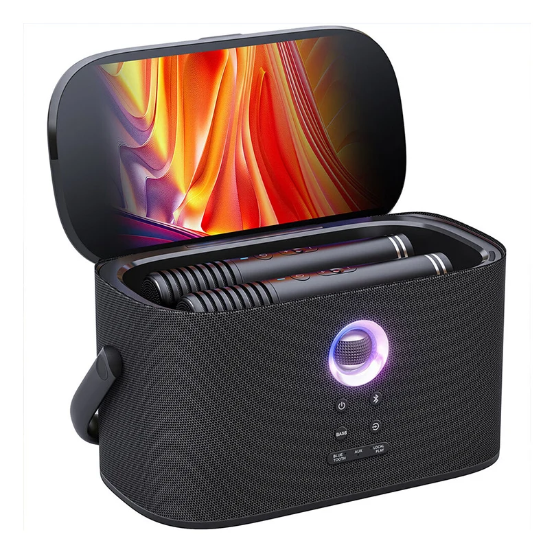 Ikarao Shell S2 Portable 140W Karaoke Speakers Portable wireless speaker with fabric grille, illuminated circular control ring, and a hinged case containing two cylindrical accessories.