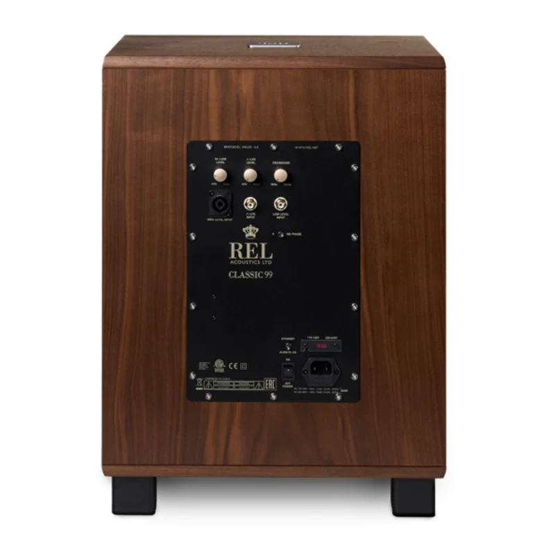 Rel Classic 99 Subwoofer Rel acoustics classic 99 subwoofer with wood cabinet and black rear panel.