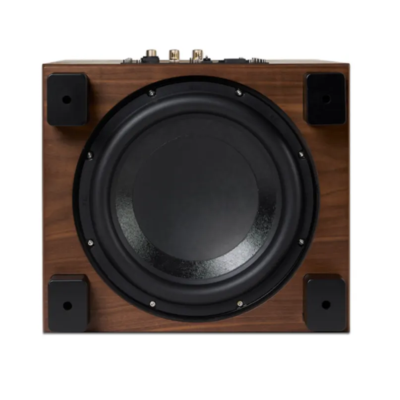 Rel Classic 99 Subwoofer Wooden square speaker cabinet with a large circular woofer, four corner pads, and top-panel audio connectors.