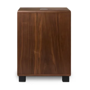 Walnut wood veneer subwoofer cabinet with two black feet.