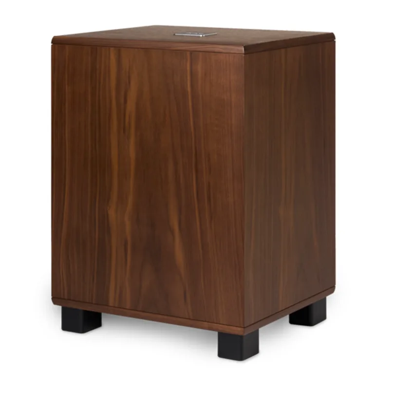 Rel Classic 99 Subwoofer Dark wood veneer cabinet with a flat lid and four black square feet.