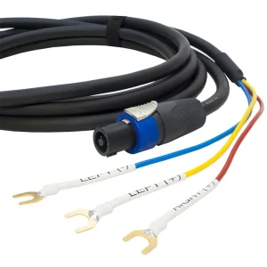 Three-conductor black cable with circular blue-ring locking connector and three white-sleeved gold-plated fork terminals.