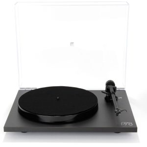 P78 turntable with a clear dust cover, black platter, and tonearm on a dark base.