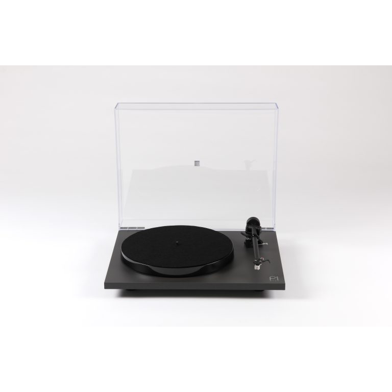 Rega Planar 1 Plus Turntable with black platter, straight tonearm, and clear dust cover on a gray plinth.
