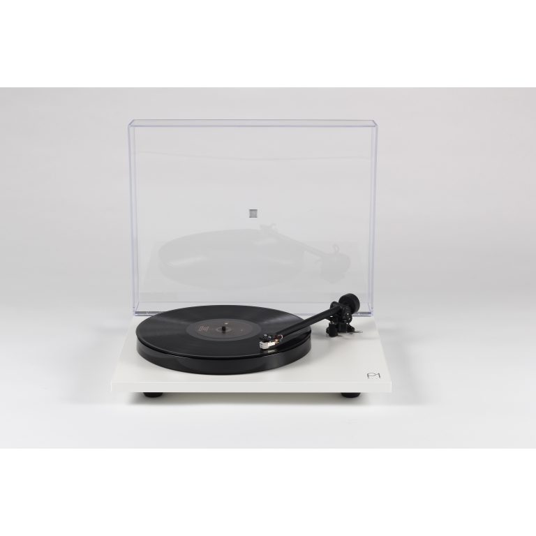 Rega Planar 1 Plus White minimalist turntable with black platter and tonearm under a clear dust cover.