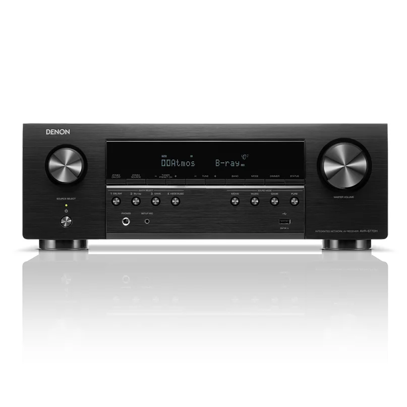 Denon Avr-S770H 7.2 Ch. 75W 8K Av Receiver With Heos® Built-In Denon avr-s970h integrated network av receiver with brushed black front, two large knobs, and dolby atmos display.