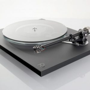High-end turntable with black rectangular base, clear acrylic platter, and precision tonearm with cartridge.