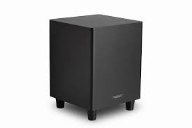 Black compact powered subwoofer with square cabinet and four short feet.