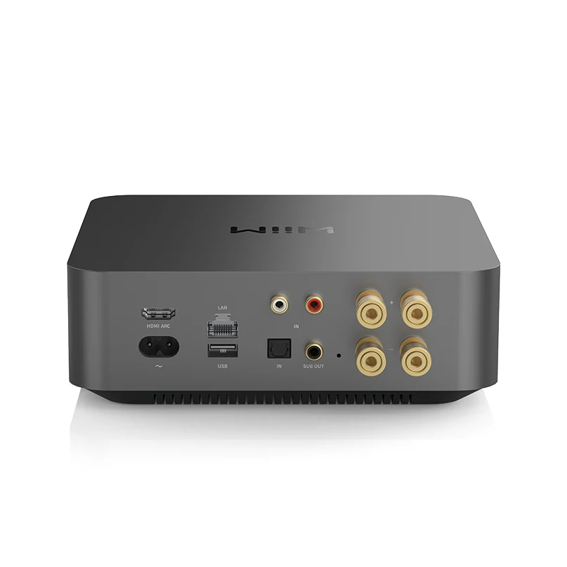 Wiim Amp Pro Multiroom Stereo Streaming Amplifier Compact av receiver and amplifier with hdmi arc, lan, usb, rca inputs, and four gold speaker terminals.