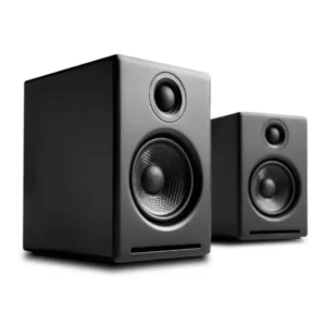 Pair of black and silver desktop computer speakers with woofer and tweeter.