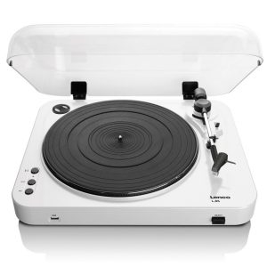 Lenco L-85 belt-drive turntable with clear dust cover, white chassis, black rubber platter, manual tonearm, and USB port.