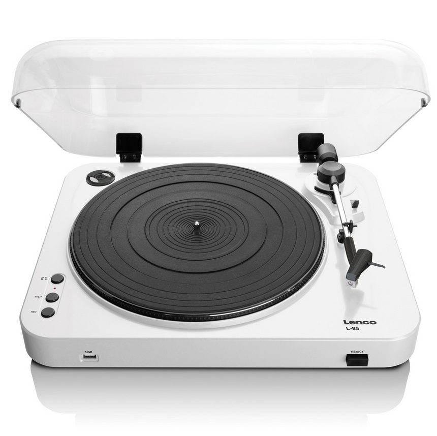 Lenco L-85Wh Semi-Automatic Turntable Lenco l-85 belt-drive turntable with clear dust cover, white chassis, black rubber platter, manual tonearm, and usb port.
