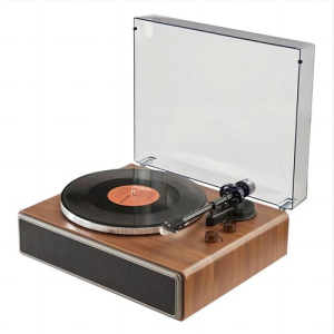 Wooden vintage-style turntable with clear dust cover, black platter, tonearm, and orange-label vinyl spinning.