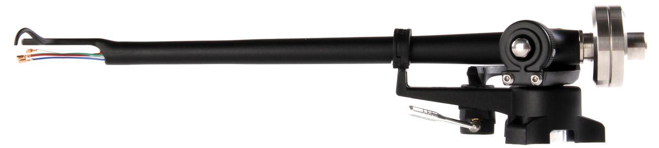 Rega Rb880 Black turntable tonearm with exposed multicolor wiring, adjustable mounting hardware, and precision bearing assembly.