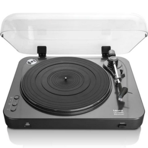 Lenco portable turntable with clear dust cover, black platter, and tonearm.