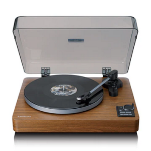 Lenco wooden-plinth belt-drive turntable with transparent dust cover and tonearm.