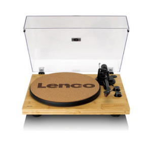 Lenco turntable with wooden base, cork platter mat, and clear hinged dust cover.