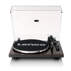 Lenco turntable with clear hinged lid, black base, and tonearm with cartridge.