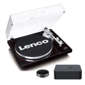 Lenco turntable with clear lid, black glossy plinth and tonearm, plus a small black box-shaped accessory.