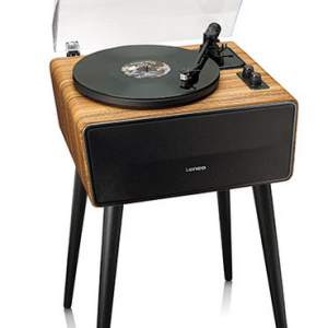 Lenco turntable with wood cabinet, built-in speaker, clear lid, black front panel, and four tapered legs.