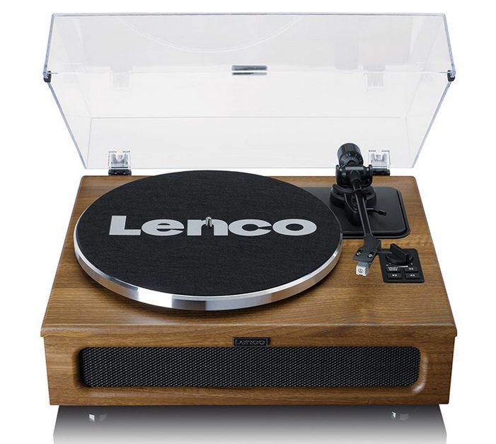 Lenco Ls-410Wa Wooden Turntable Lenco turntable on wooden plinth with black platter bearing logo, tonearm, cartridge, and clear hinged dust cover