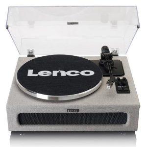 Lenco turntable with grey fabric base, transparent lid, black platter with Lenco logo, tonearm and cartridge, front speaker grille.
