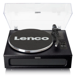 Lenco turntable with black housing, visible front speaker grille, and clear hinged dust cover.