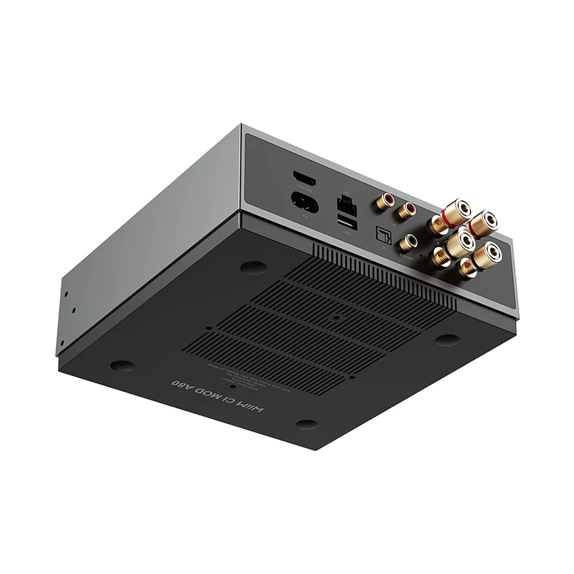 Wiim Ci Mod A80 Amplifier + Audio Streamer For Custom Installation Bottom view of a compact av interface with hdmi, usb, and several rca connectors for audio and video.