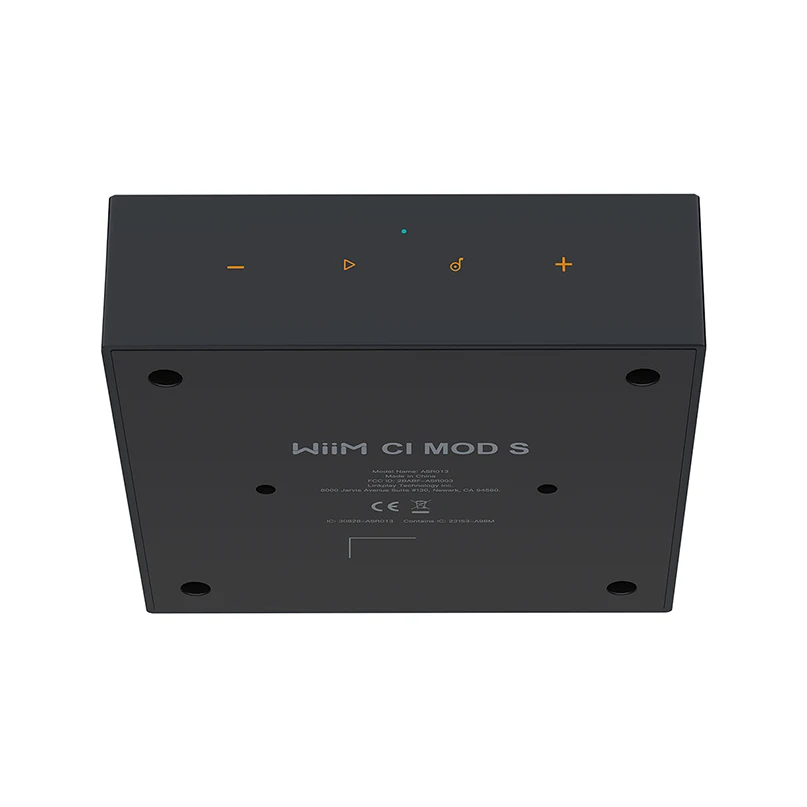 Wiim Ci Mod S Audio Streamer For Custom Installation Wiim cimod s music streamer box with top control icons and four feet.
