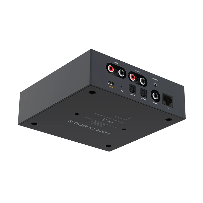 Wiim Ci Mod S Audio Streamer For Custom Installation Dark rectangular audio interface with multiple rca line-in and line-out jacks, a usb power port, and an ethernet port.